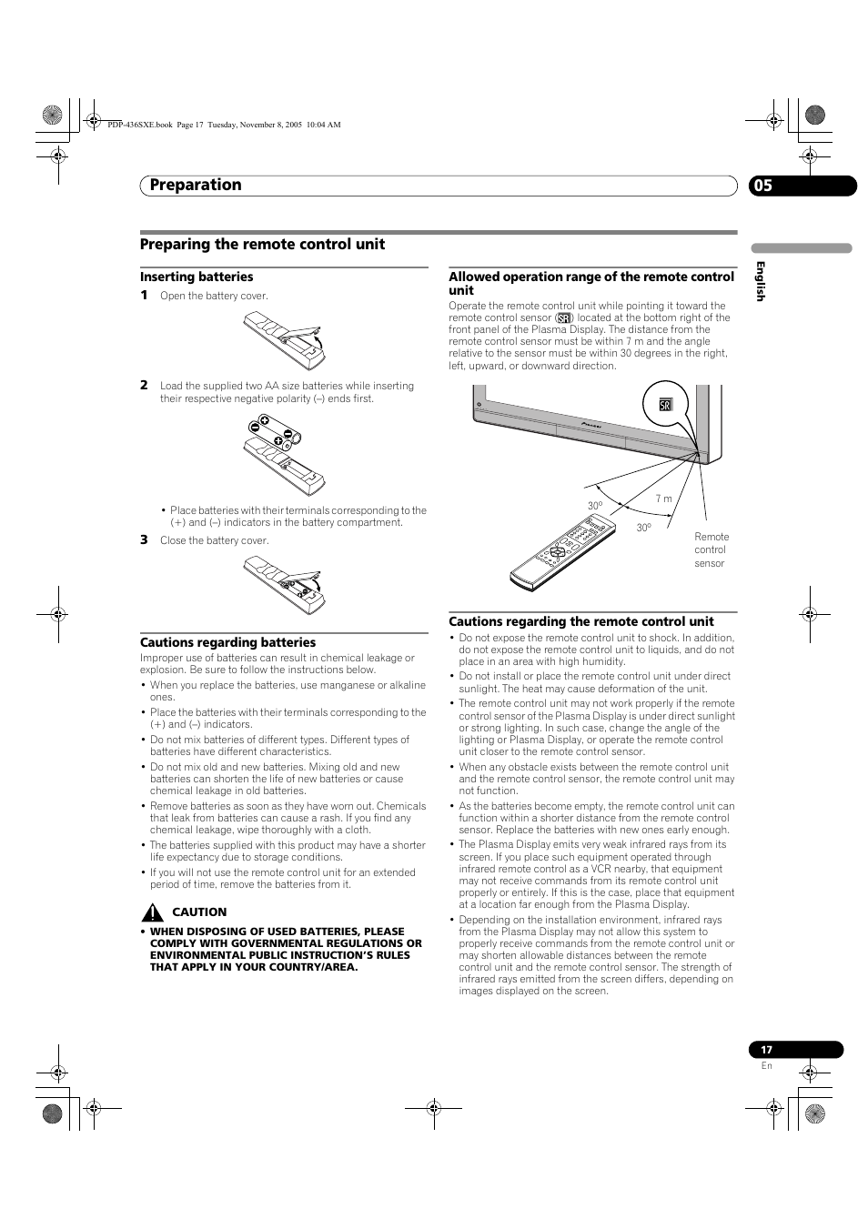 Preparing the remote control unit, Preparation 05 | Pioneer PDP-436SXE User Manual | Page 17 / 176