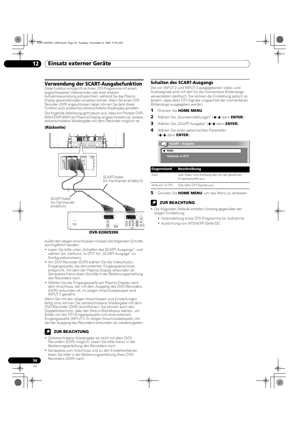 Verwendung der scart-ausgabefunktion, Schalten des scart-ausgangs, Einsatz externer geräte 12 | Zur beachtung, Rückseite) | Pioneer PDP-436SXE User Manual | Page 170 / 176