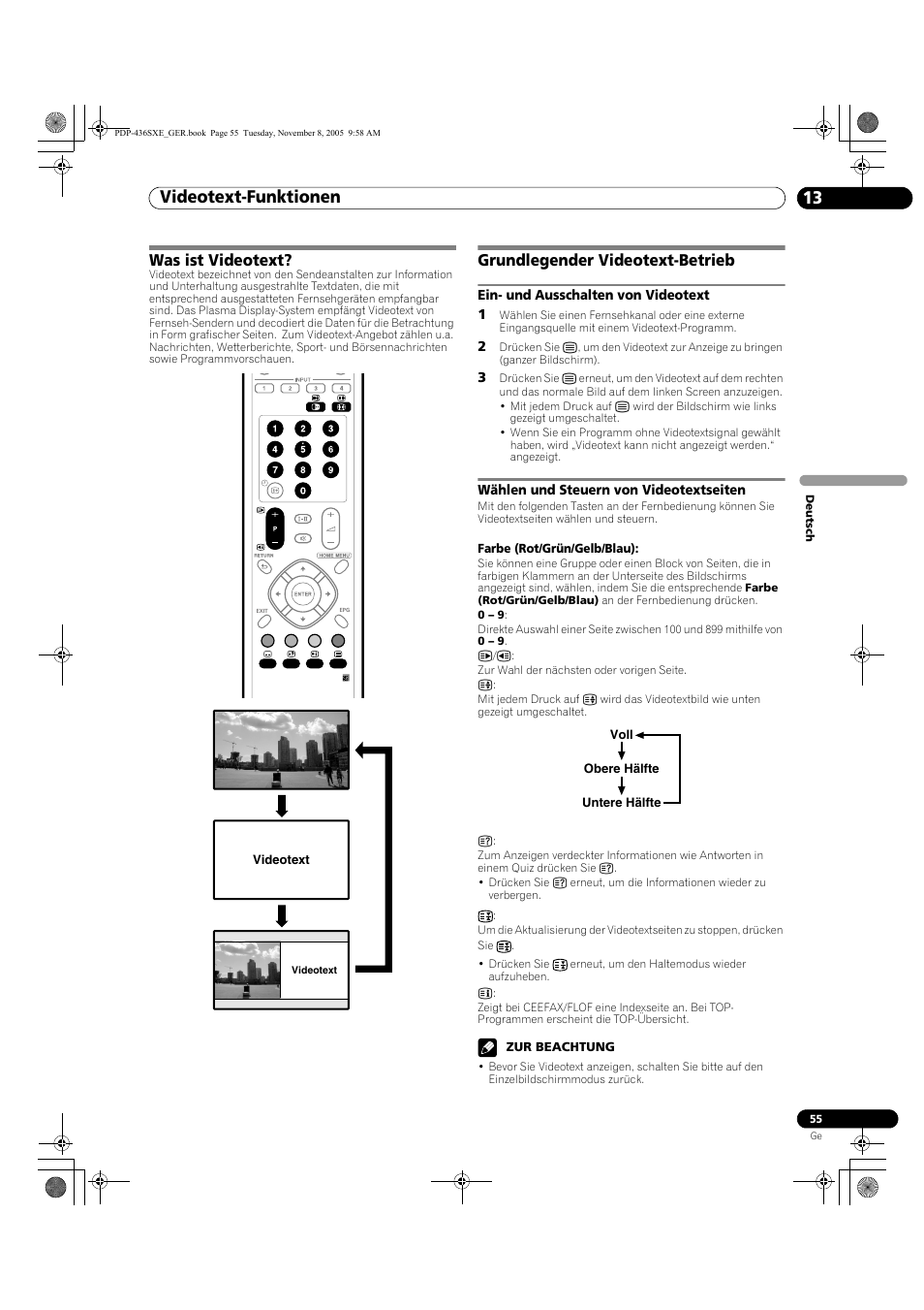 13 videotext-funktionen, Was ist videotext? grundlegender videotext-betrieb, Videotext-funktionen 13 | Videotext-funktionen, Was ist videotext, Grundlegender videotext-betrieb | Pioneer PDP-436SXE User Manual | Page 171 / 176