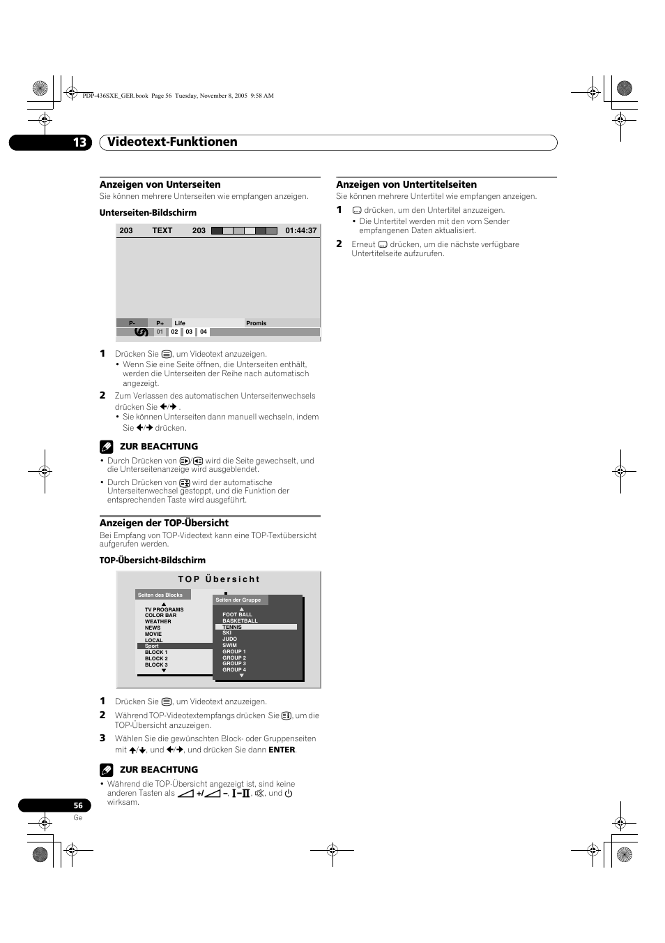 Videotext-funktionen 13 | Pioneer PDP-436SXE User Manual | Page 172 / 176