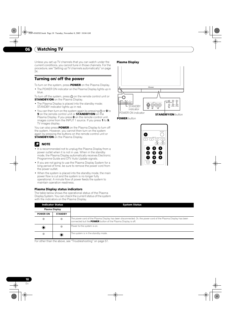06 watching tv, Turning on/ off the power, Watching tv 06 watching tv | Pioneer PDP-436SXE User Manual | Page 18 / 176