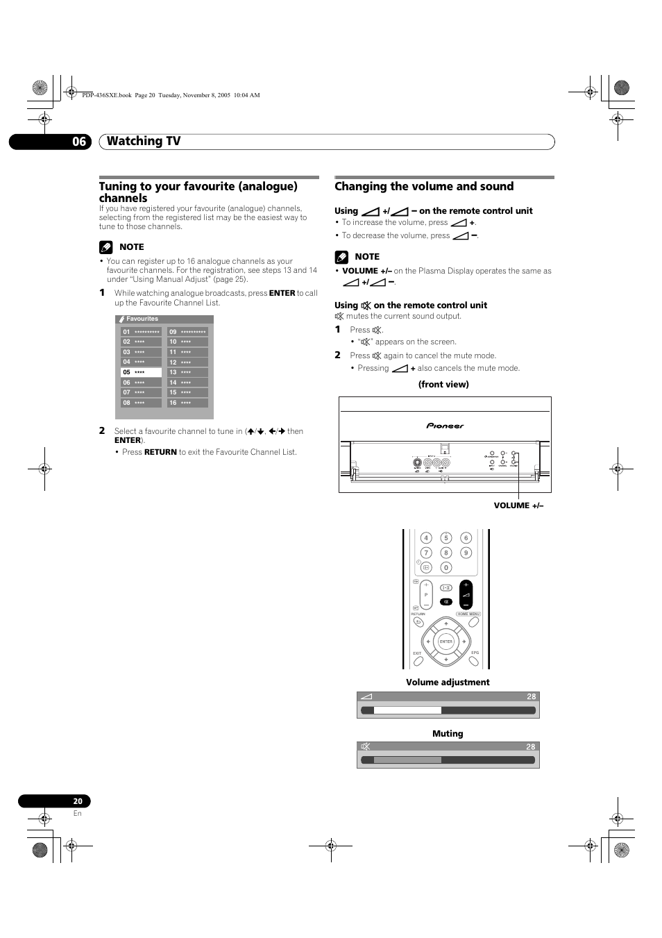 Watching tv 06, Tuning to your favourite (analogue) channels, Changing the volume and sound | Pioneer PDP-436SXE User Manual | Page 20 / 176