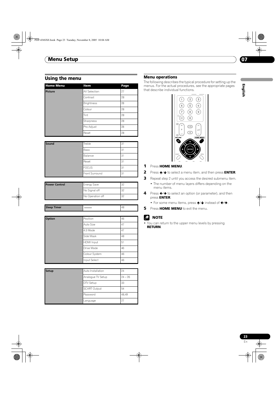 07 menu setup, Using the menu, Menu operations | Menu setup 07, Menu setup | Pioneer PDP-436SXE User Manual | Page 23 / 176