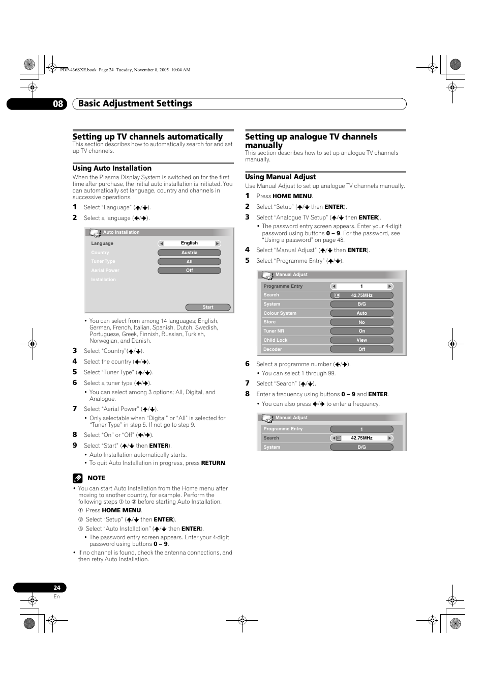 08 basic adjustment settings, Setting up analogue tv channels automatically, Using auto installation | Setting up tv channels manually, Using manual adjust, Setting up tv channels automatically, Setting up analogue tv channels manually | Pioneer PDP-436SXE User Manual | Page 24 / 176