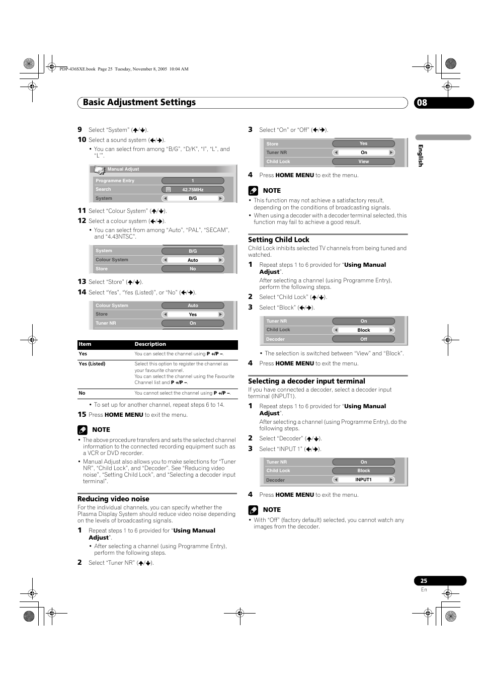 Reducing video noise setting child lock, Selecting a decoder input terminal, Basic adjustment settings 08 | Pioneer PDP-436SXE User Manual | Page 25 / 176