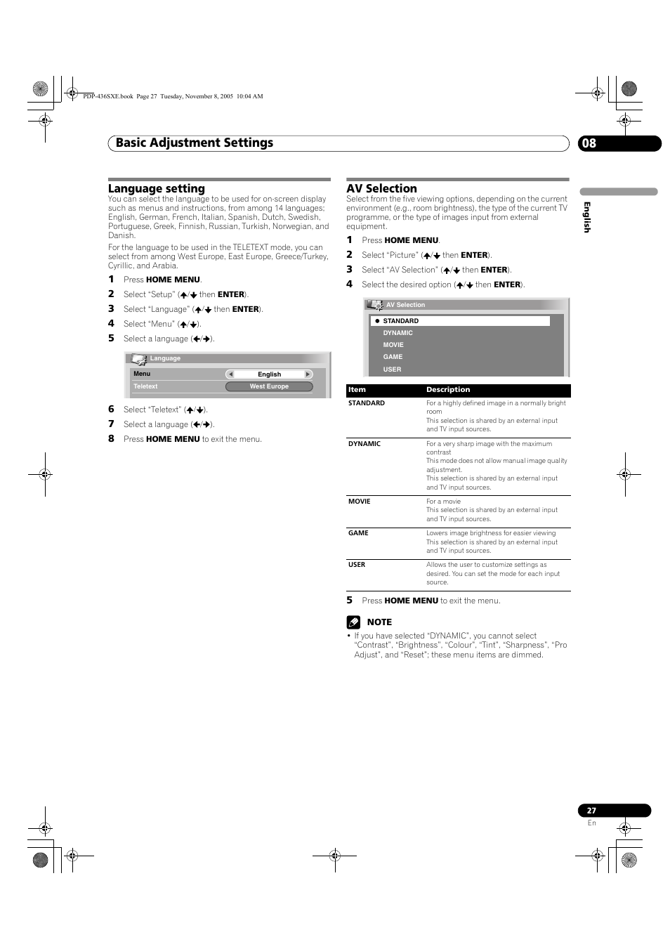 Language setting av selection, Basic adjustment settings 08, Language setting | Av selection | Pioneer PDP-436SXE User Manual | Page 27 / 176