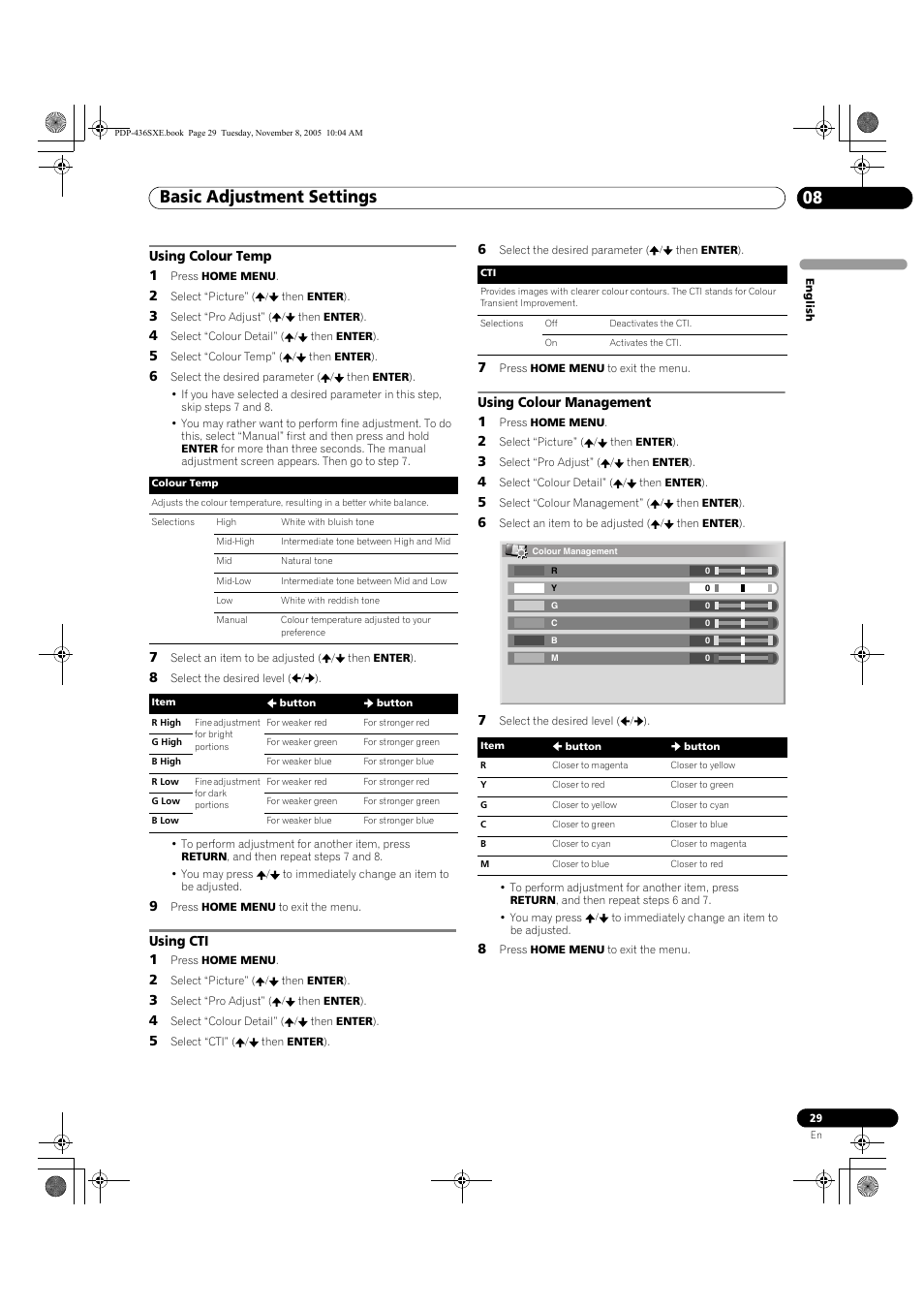 Basic adjustment settings 08 | Pioneer PDP-436SXE User Manual | Page 29 / 176