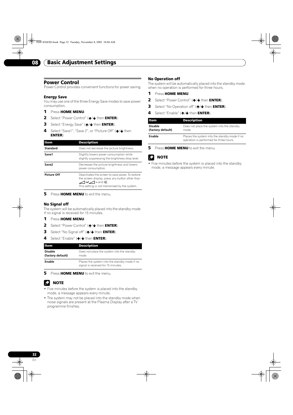 Power control, Basic adjustment settings 08 | Pioneer PDP-436SXE User Manual | Page 32 / 176