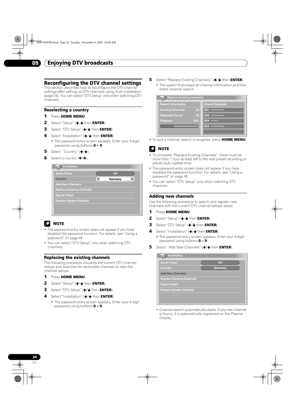 Reconfiguring the dtv channel settings, Enjoying dtv broadcasts 09 | Pioneer PDP-436SXE User Manual | Page 34 / 176