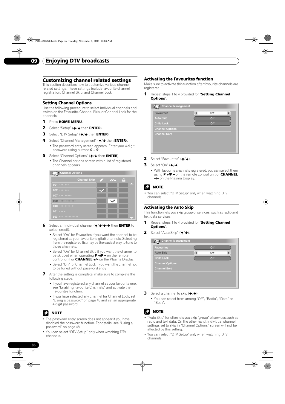Customizing channel related settings, Enjoying dtv broadcasts 09 | Pioneer PDP-436SXE User Manual | Page 36 / 176