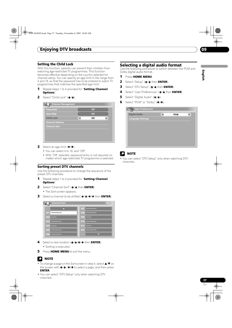 Setting the child lock sorting preset dtv channels, Selecting a digital audio format, Enjoying dtv broadcasts 09 | Pioneer PDP-436SXE User Manual | Page 37 / 176