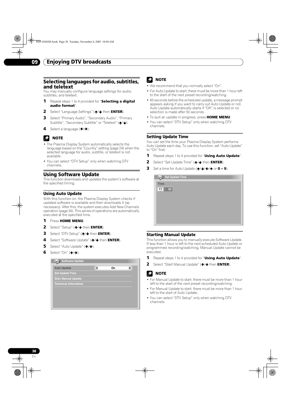 Using software update, Enjoying dtv broadcasts 09 | Pioneer PDP-436SXE User Manual | Page 38 / 176