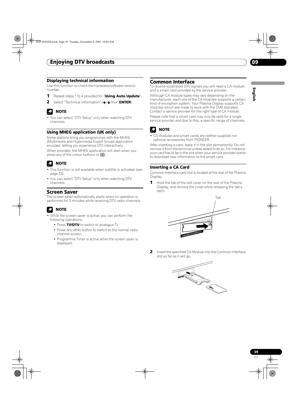 Screen saver common interface, Inserting a ca card, Enjoying dtv broadcasts 09 | Screen saver, Common interface | Pioneer PDP-436SXE User Manual | Page 39 / 176