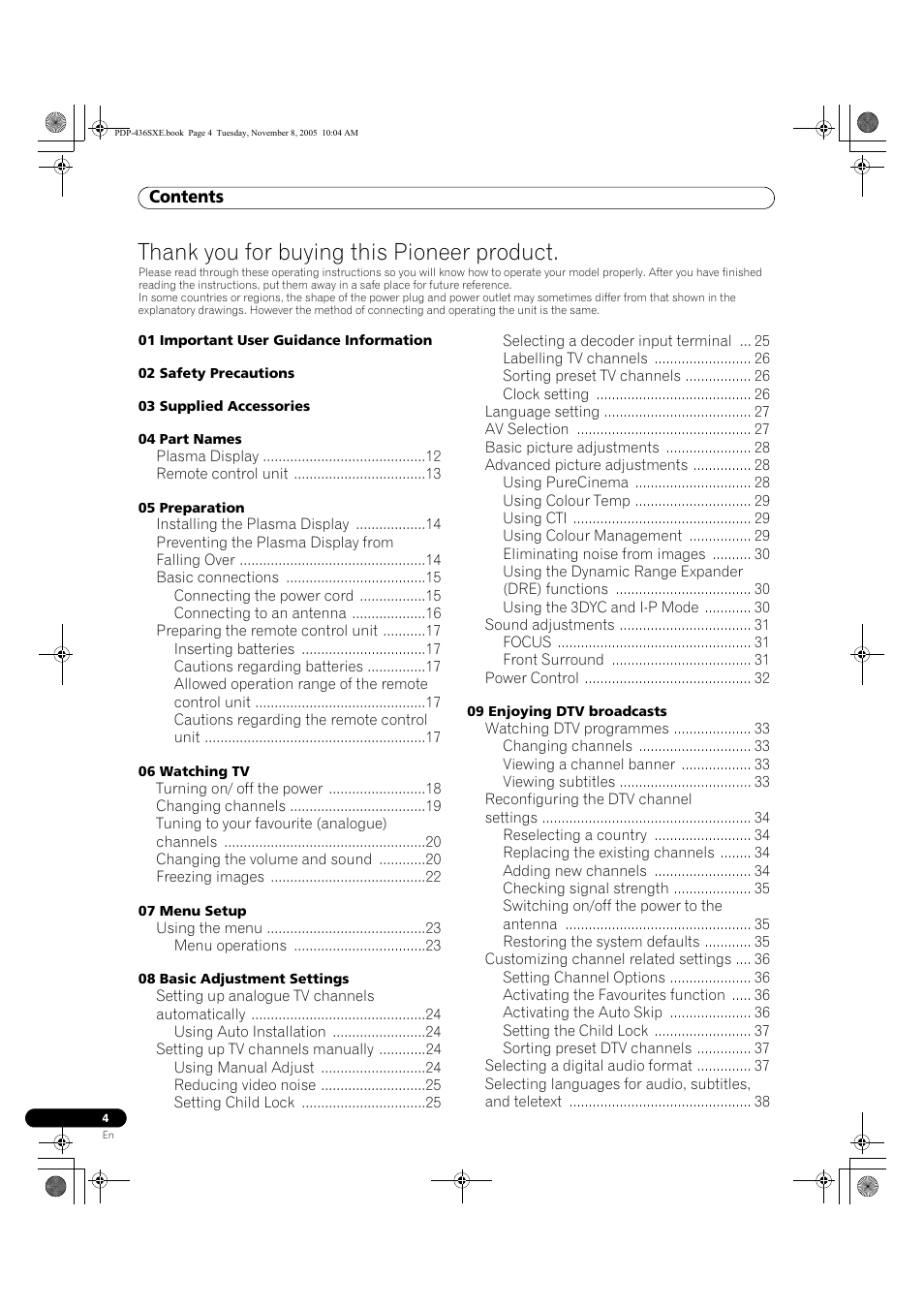 Pdp-436sxe, Operating instructions | Pioneer PDP-436SXE User Manual | Page 4 / 176