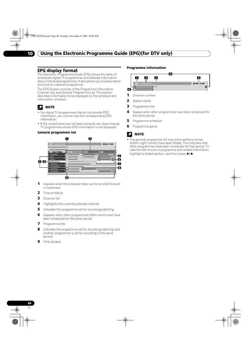 10 using the electronic programme guide, Epg)(for dtv only), Epg display format | Pioneer PDP-436SXE User Manual | Page 40 / 176