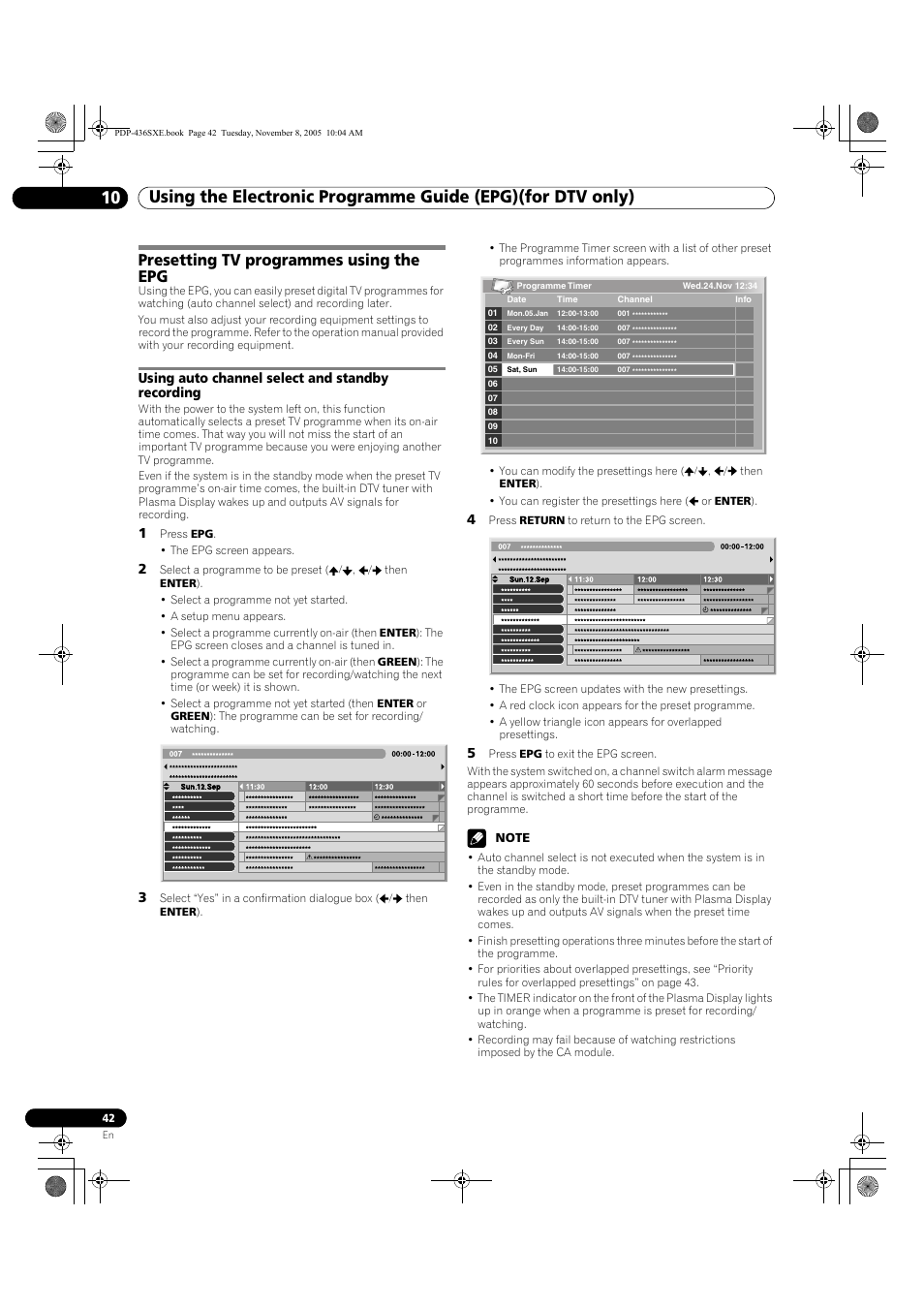 Presetting tv programmes using the epg, Using auto channel select and standby recording | Pioneer PDP-436SXE User Manual | Page 42 / 176