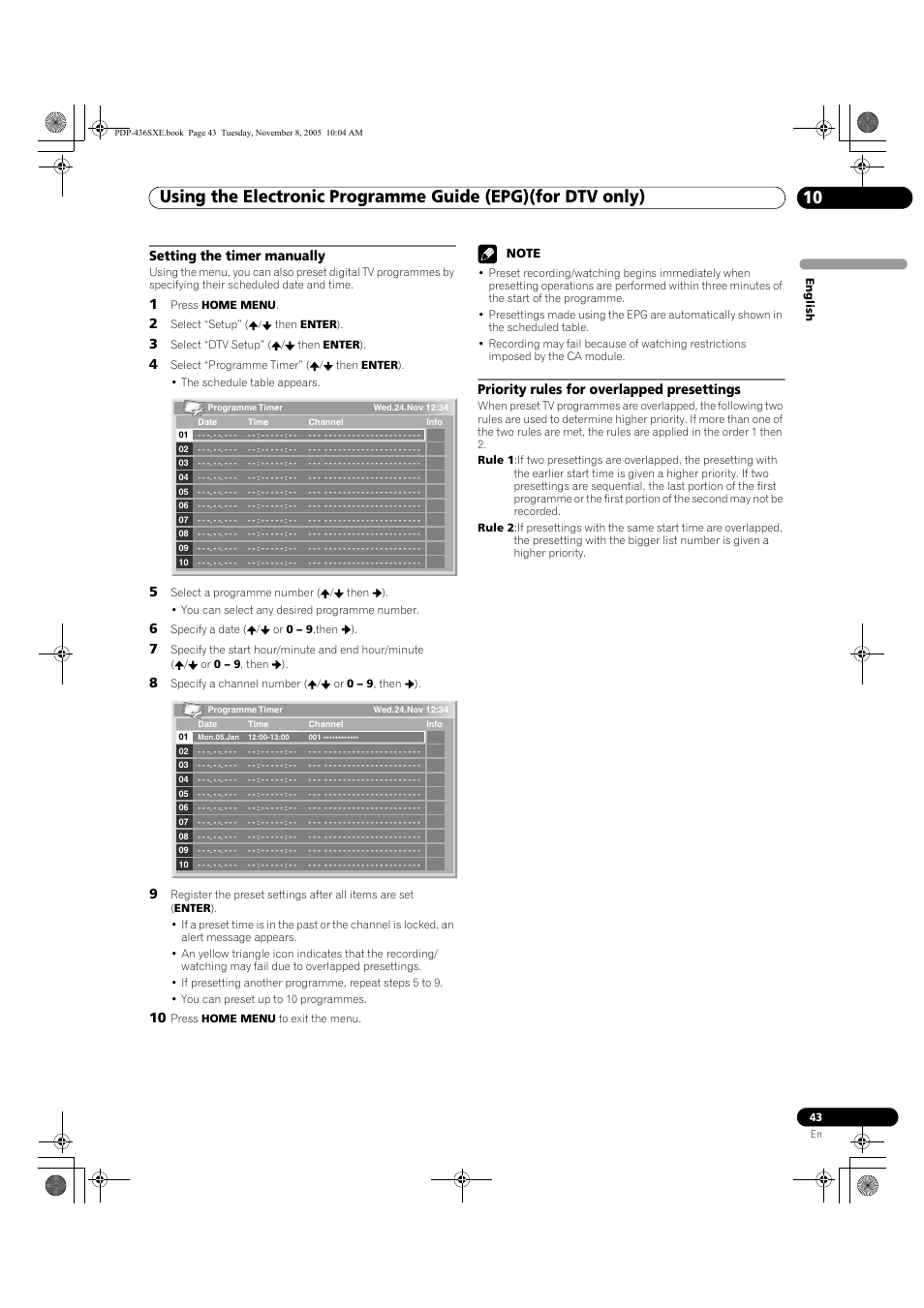 Setting the timer manually, Priority rules for overlapped presettings | Pioneer PDP-436SXE User Manual | Page 43 / 176