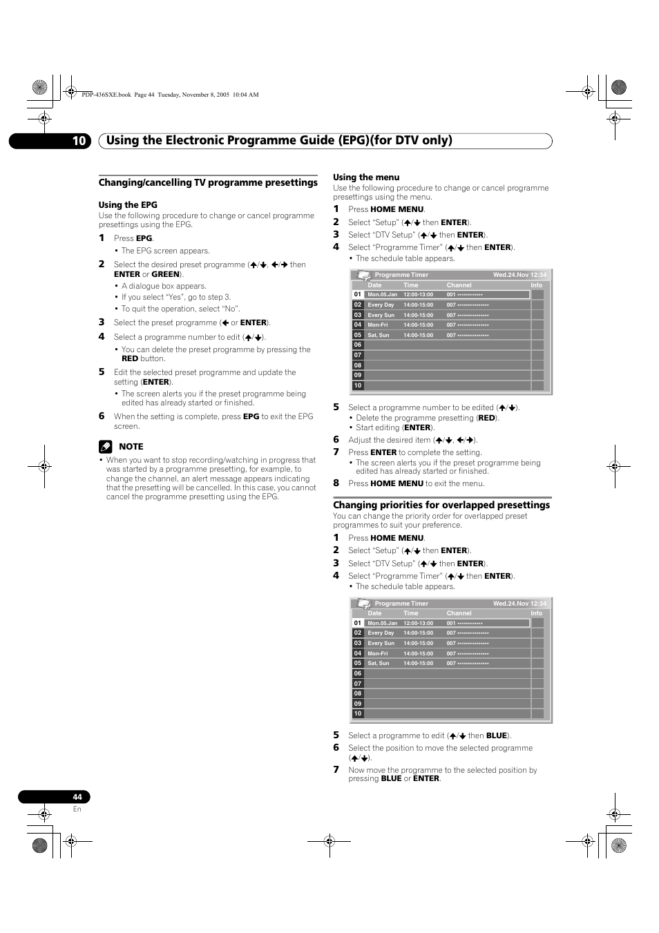 Changing/cancelling tv programme presettings, Changing priorities for overlapped presettings | Pioneer PDP-436SXE User Manual | Page 44 / 176