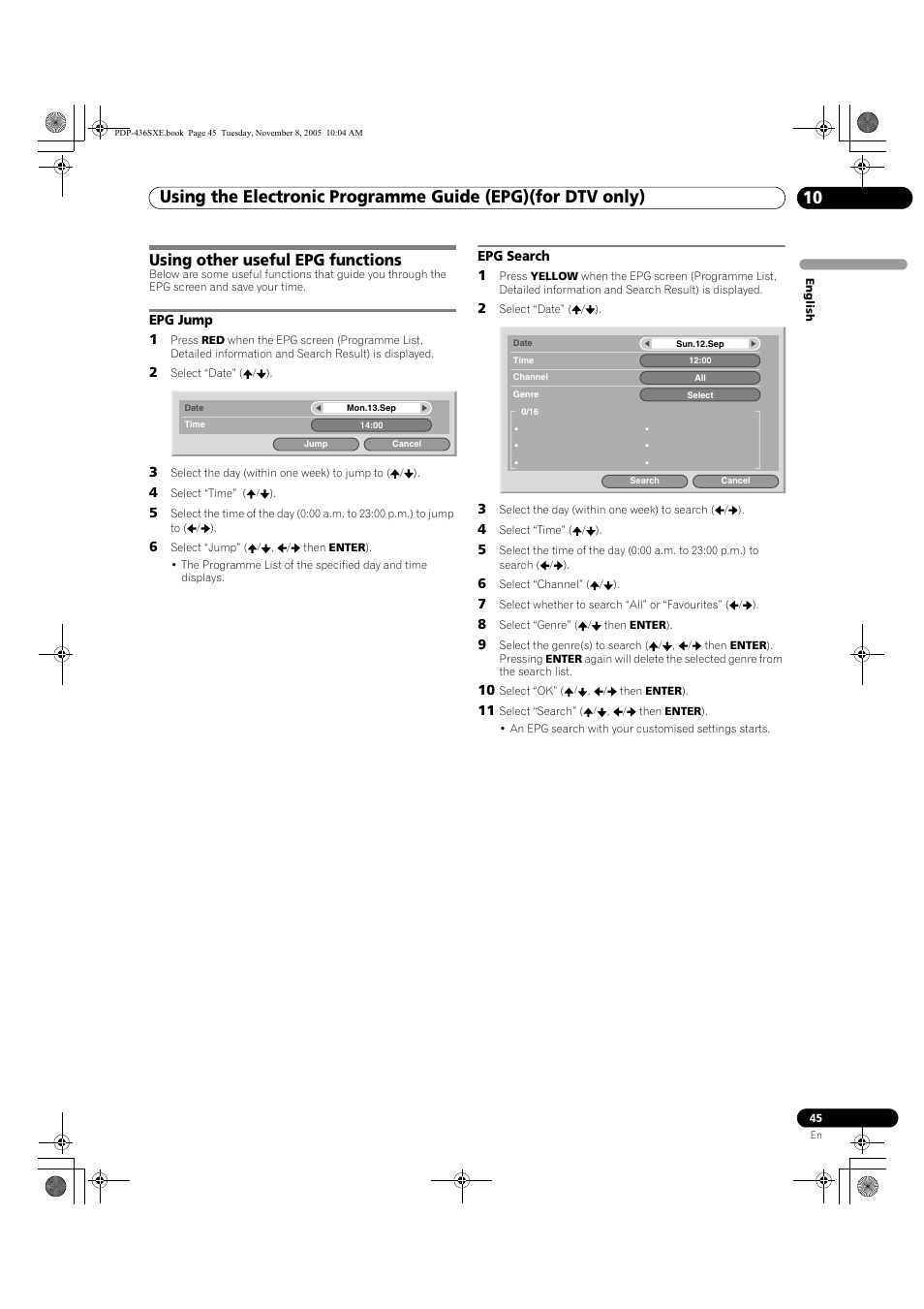 Using other useful epg functions, Epg jump epg search | Pioneer PDP-436SXE User Manual | Page 45 / 176