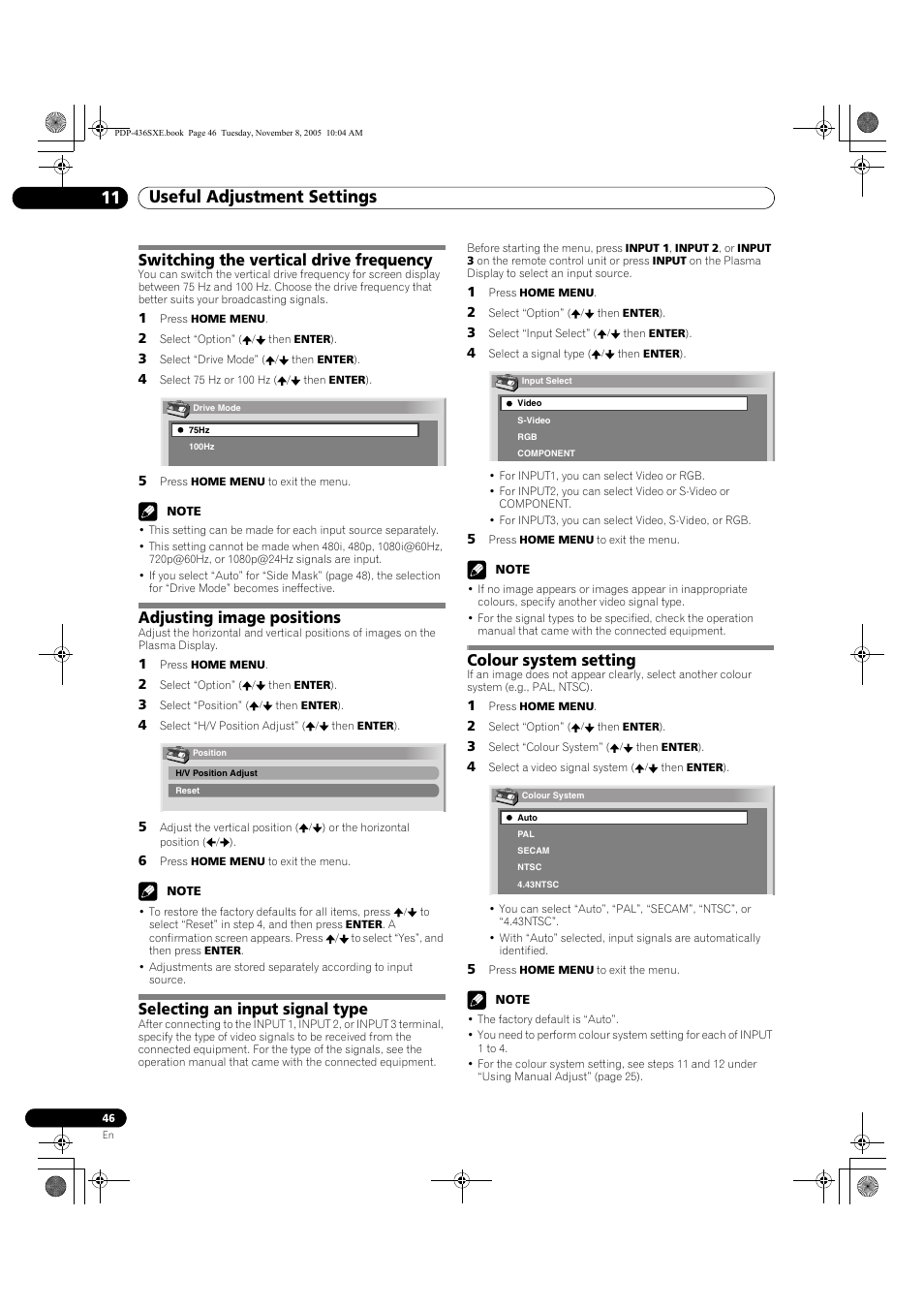 11 useful adjustment settings, Switching the vertical drive frequency, Adjusting image positions | Selecting an input signal type, Colour system setting | Pioneer PDP-436SXE User Manual | Page 46 / 176