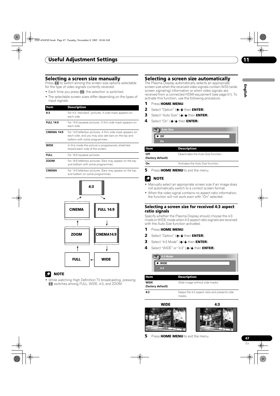 Useful adjustment settings 11, Selecting a screen size manually, Selecting a screen size automatically | Pioneer PDP-436SXE User Manual | Page 47 / 176