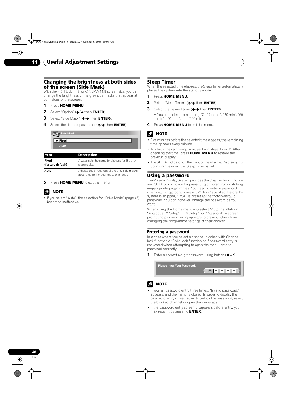Entering a password, Useful adjustment settings 11, Sleep timer | Using a password | Pioneer PDP-436SXE User Manual | Page 48 / 176