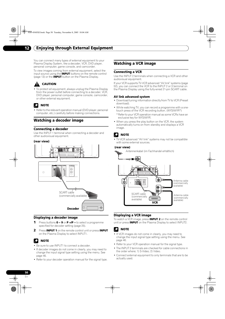 12 enjoying through external equipment, Watching a decoder image, Connecting a decoder displaying a decoder image | Watching a vcr image, Connecting a vcr displaying a vcr image | Pioneer PDP-436SXE User Manual | Page 50 / 176