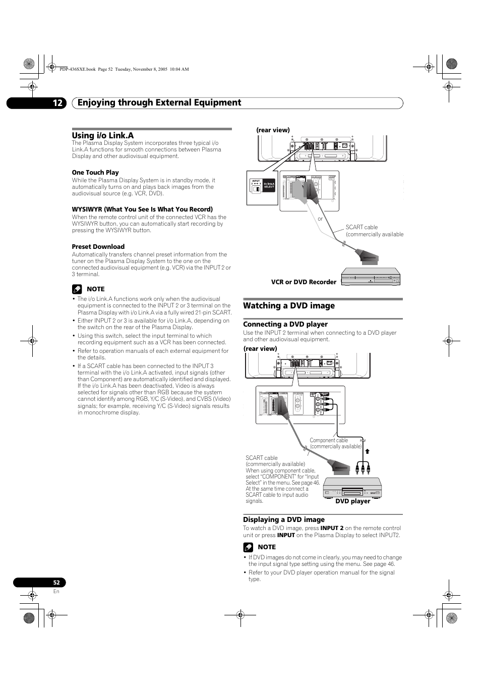 Using i/o link.a watching a dvd image, Connecting a dvd player displaying a dvd image, Enjoying through external equipment 12 | Using i/o link.a, Watching a dvd image, Connecting a dvd player, Displaying a dvd image | Pioneer PDP-436SXE User Manual | Page 52 / 176