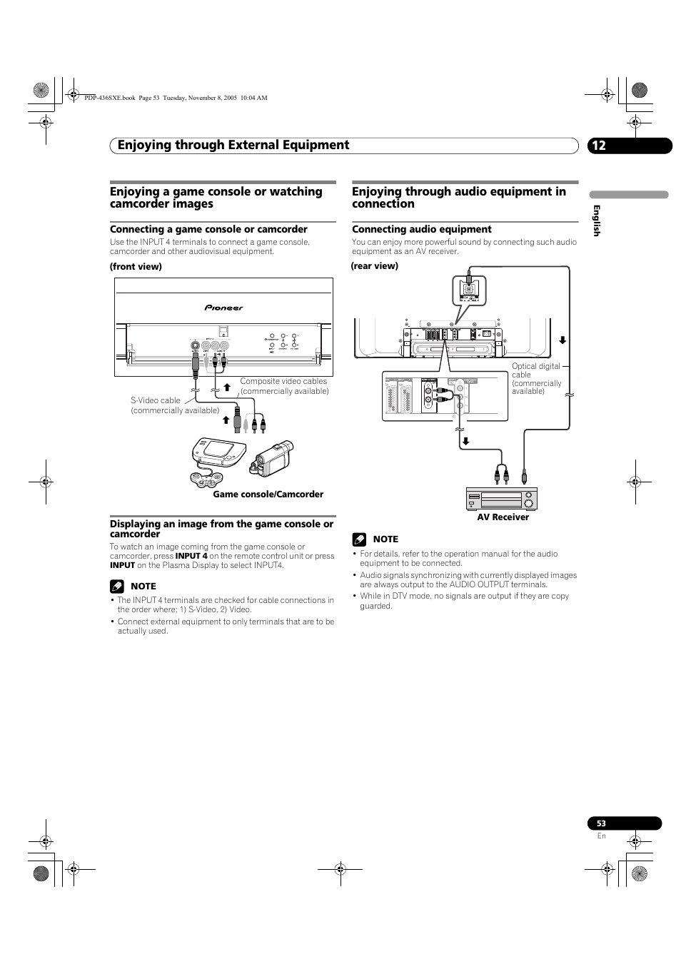 Enjoying through audio equipment in connection, Connecting audio equipment, Enjoying through external equipment 12 | Pioneer PDP-436SXE User Manual | Page 53 / 176