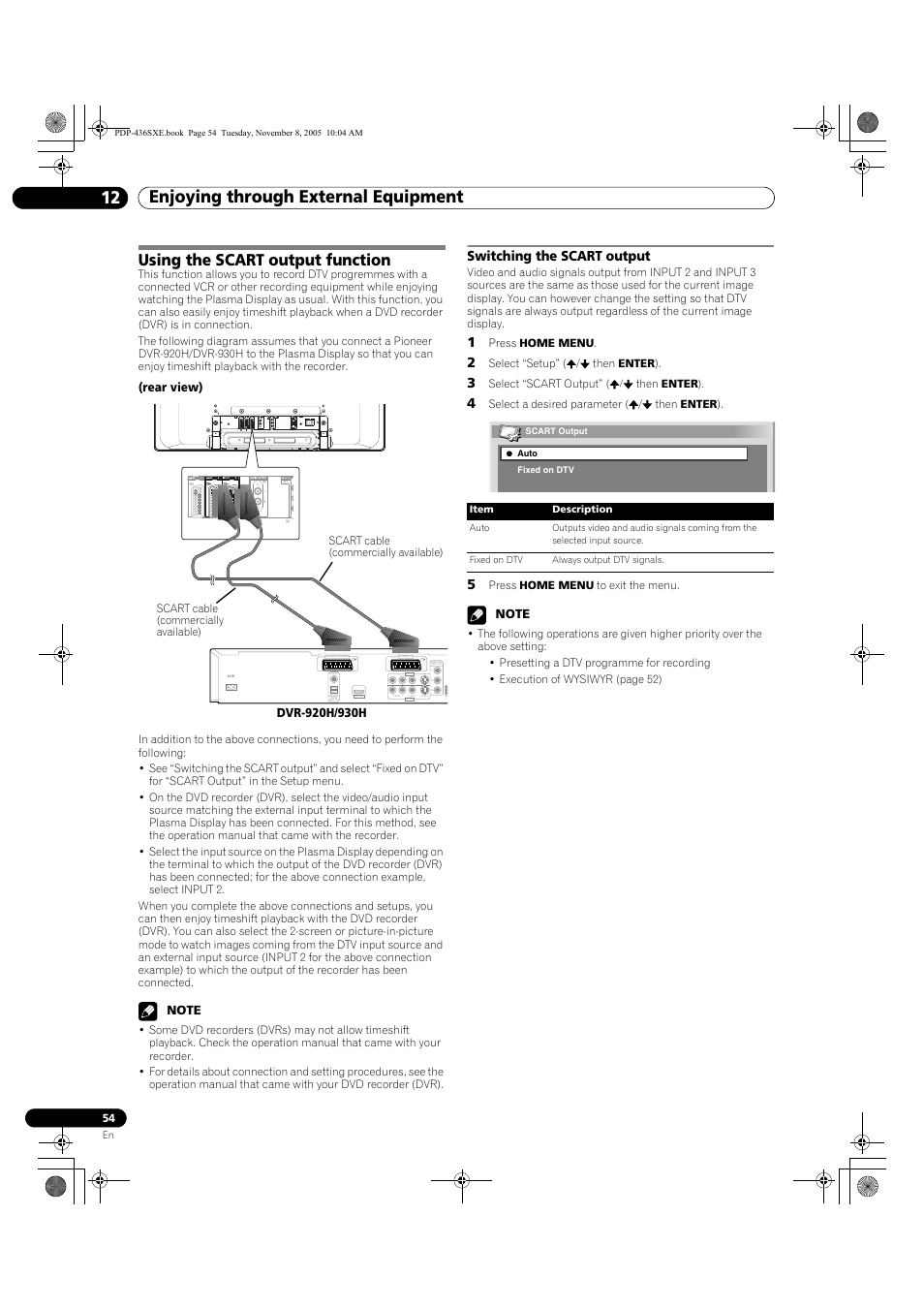Using the scart output function, Switching the scart output, Enjoying through external equipment 12 | Rear view) | Pioneer PDP-436SXE User Manual | Page 54 / 176