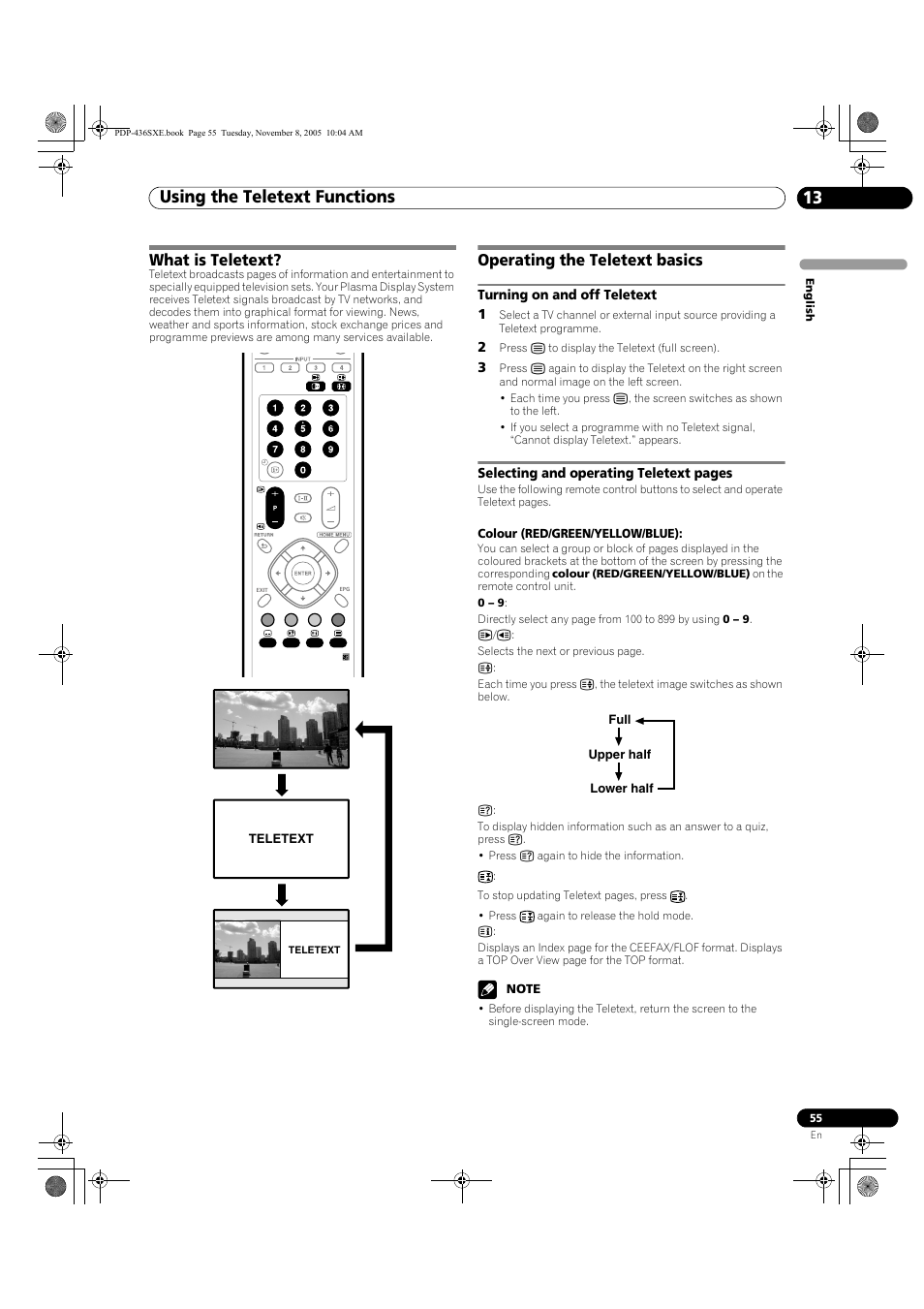 13 using the teletext functions, What is teletext? operating the teletext basics, Using the teletext functions 13 | Using the teletext functions, What is teletext, Operating the teletext basics | Pioneer PDP-436SXE User Manual | Page 55 / 176