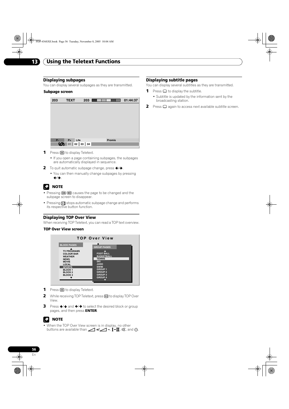 Using the teletext functions 13 | Pioneer PDP-436SXE User Manual | Page 56 / 176