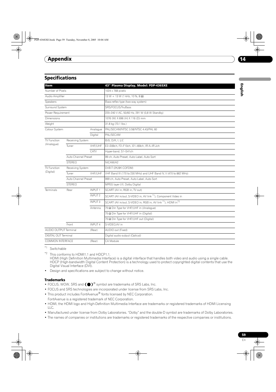 Specifications, Appendix 14 | Pioneer PDP-436SXE User Manual | Page 59 / 176