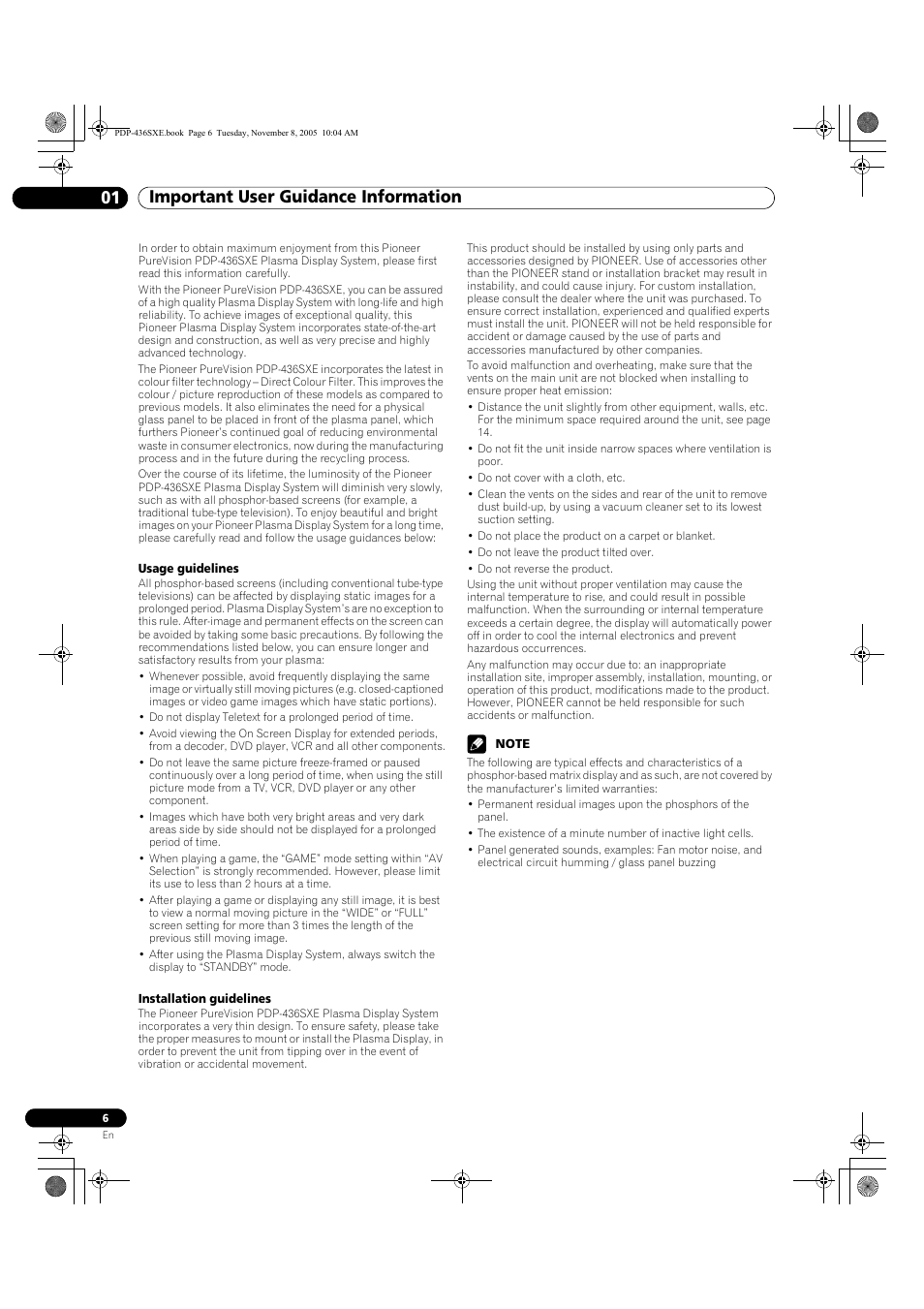 01 important user guidance information | Pioneer PDP-436SXE User Manual | Page 6 / 176