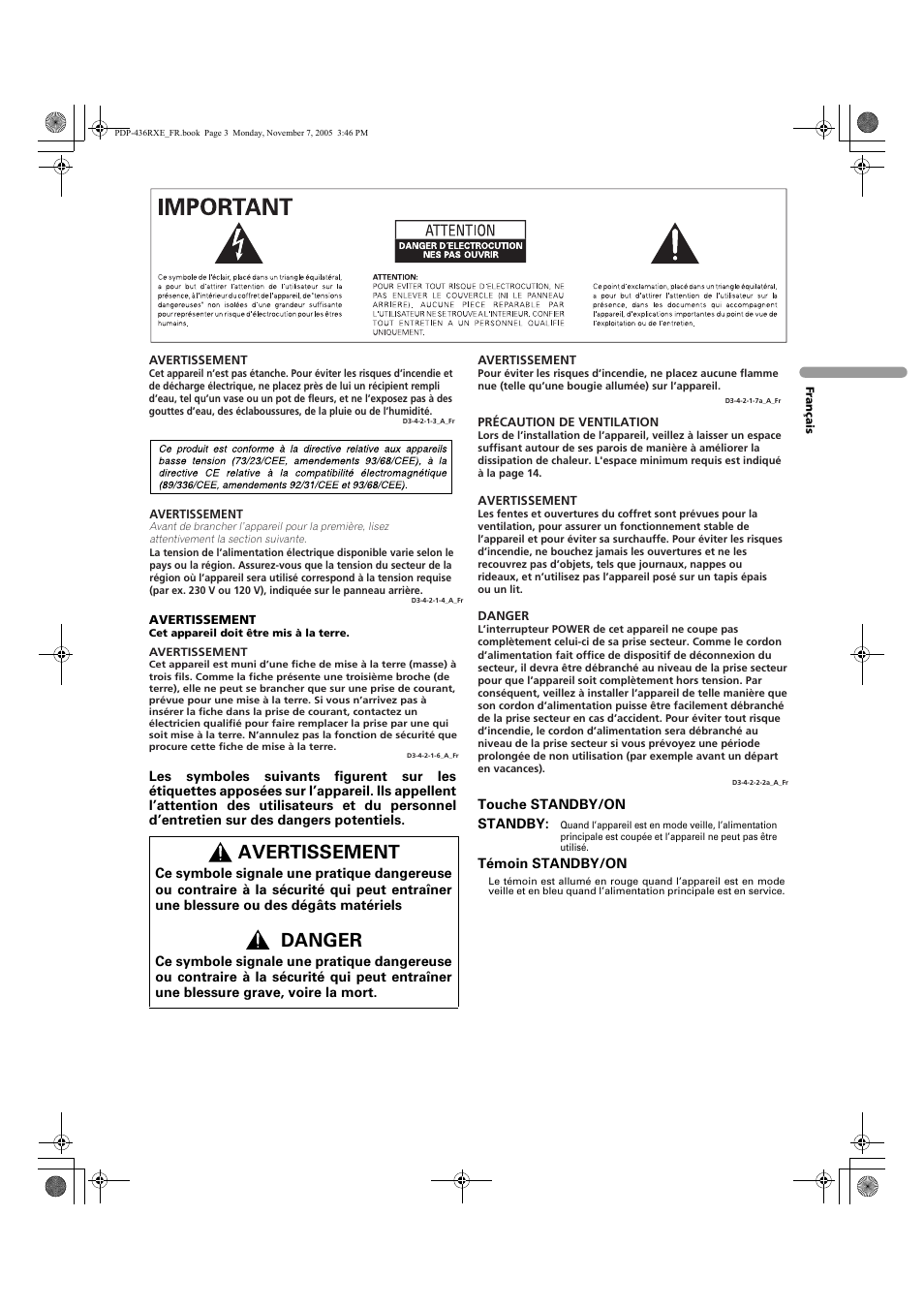 Avertissement, Danger | Pioneer PDP-436SXE User Manual | Page 61 / 176