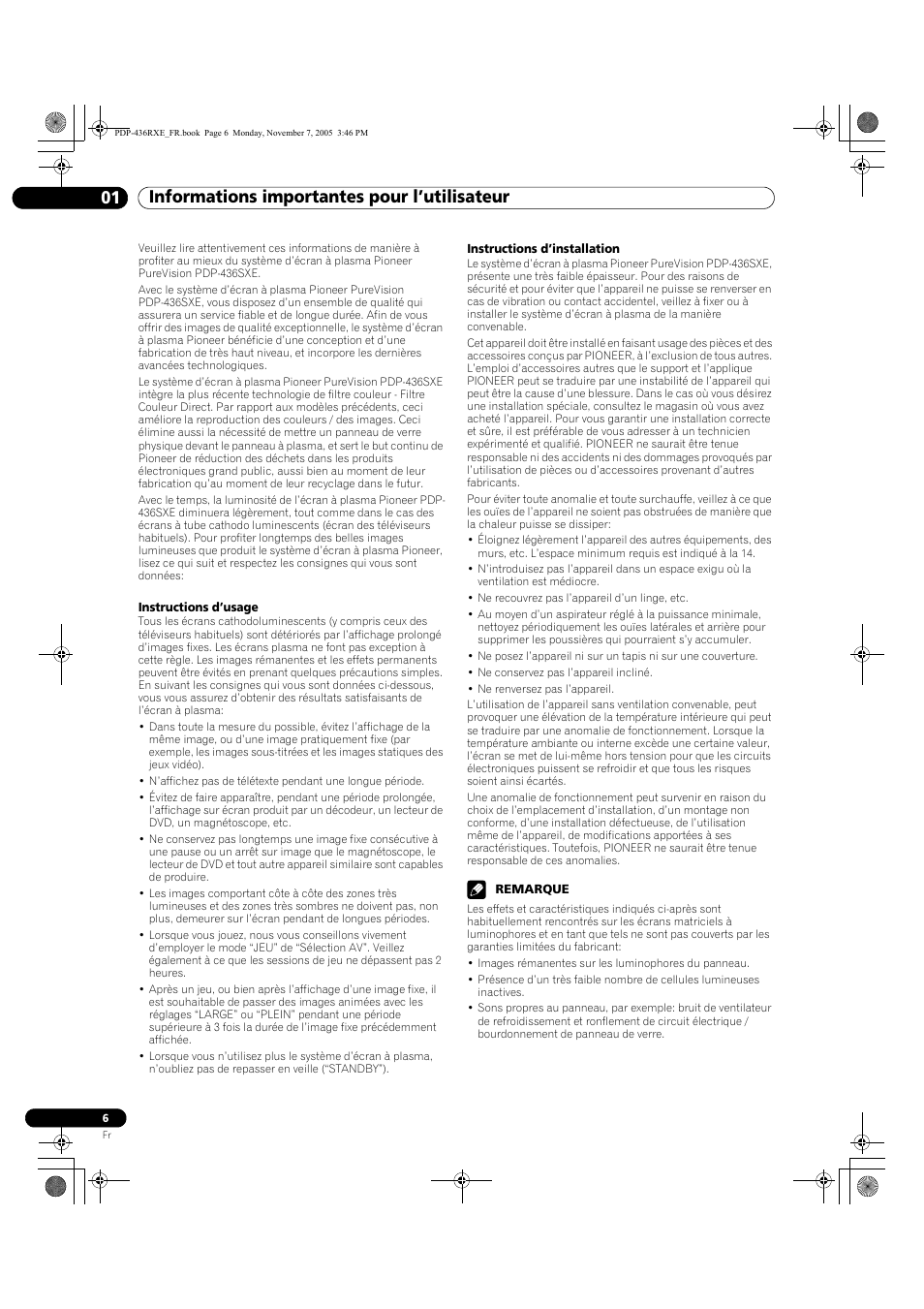 01 informations importantes pour, L’utilisateur | Pioneer PDP-436SXE User Manual | Page 64 / 176