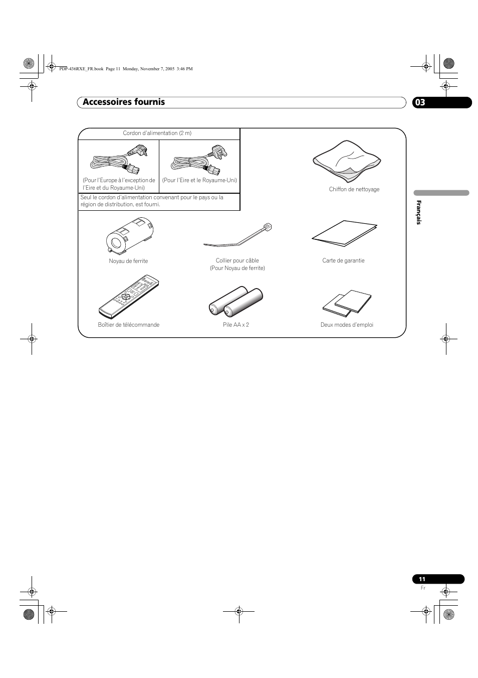 03 accessoires fournis, Accessoires fournis 03, Accessoires fournis | Pioneer PDP-436SXE User Manual | Page 69 / 176