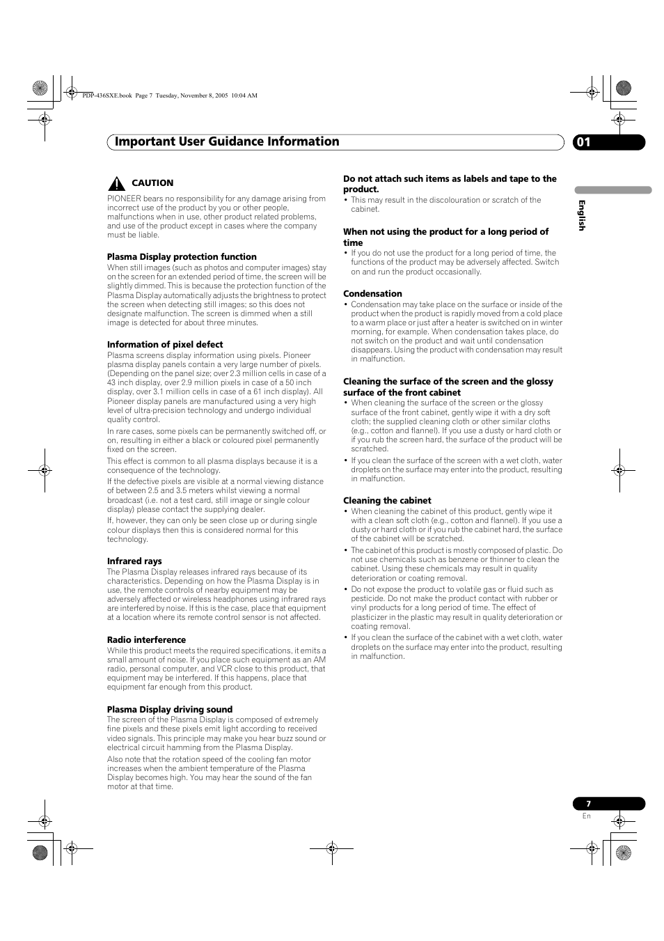 Important user guidance information 01 | Pioneer PDP-436SXE User Manual | Page 7 / 176