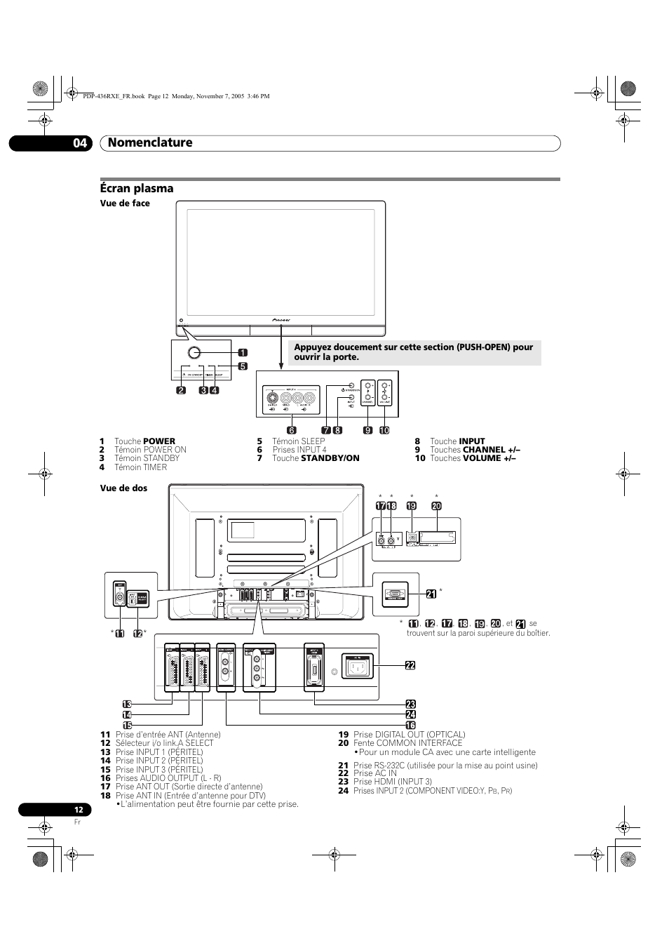 04 nomenclature, Écran plasma, Nomenclature 04 nomenclature | Pioneer PDP-436SXE User Manual | Page 70 / 176
