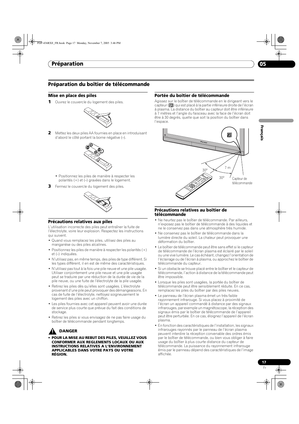 Préparation du boîtier de télécommande, Préparation 05 | Pioneer PDP-436SXE User Manual | Page 75 / 176