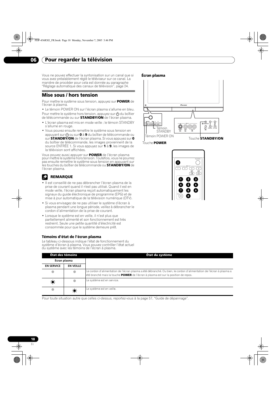 06 pour regarder la télévision, Mise sous / hors tension | Pioneer PDP-436SXE User Manual | Page 76 / 176