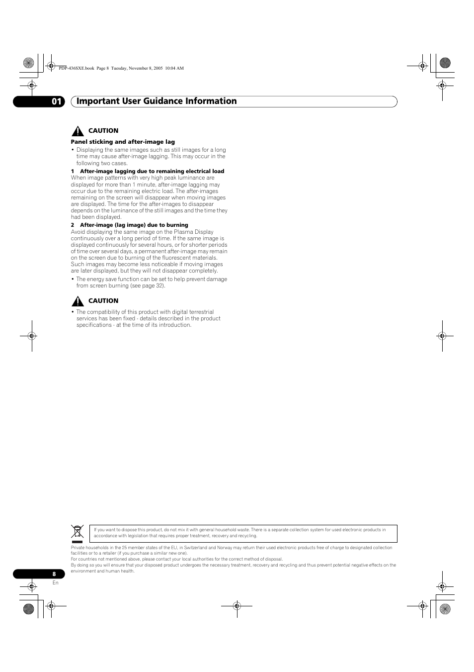 Important user guidance information 01 | Pioneer PDP-436SXE User Manual | Page 8 / 176