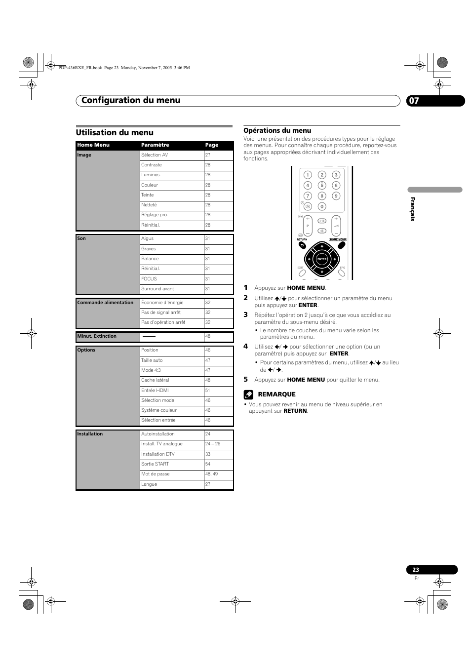 07 configuration du menu, Utilisation du menu, Opérations du menu | Configuration du menu 07, Configuration du menu | Pioneer PDP-436SXE User Manual | Page 81 / 176