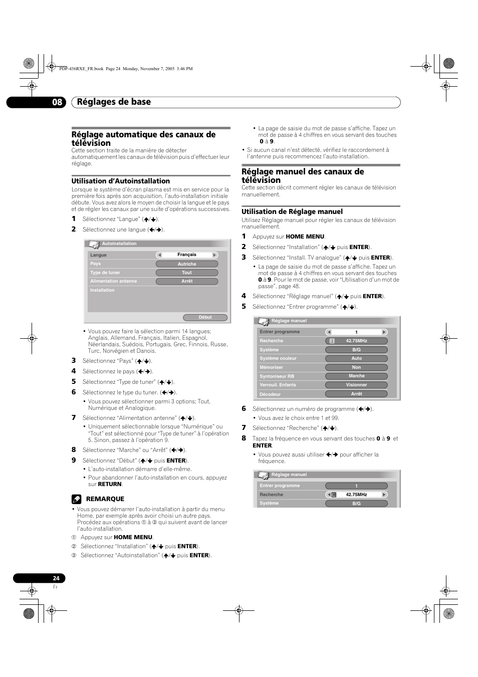 08 réglages de base, Réglage automatique des canaux de télévision, Utilisation d’autoinstallation | Réglage manuel des canaux de télévision, Utilisation de réglage manuel, Réglages de base 08 réglages de base | Pioneer PDP-436SXE User Manual | Page 82 / 176