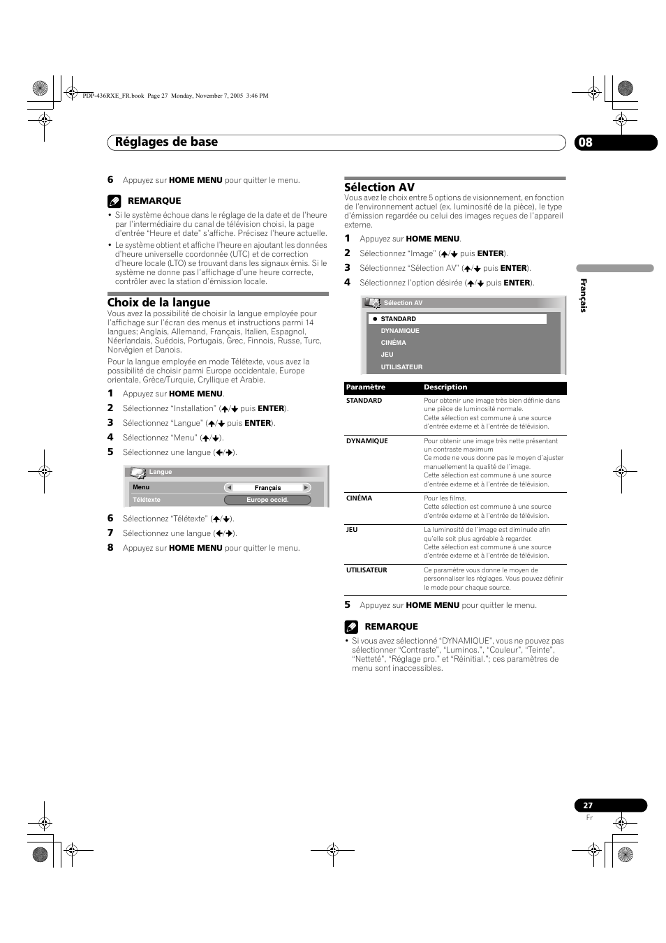 Choix de la langue sélection av, Réglages de base 08, Choix de la langue | Sélection av | Pioneer PDP-436SXE User Manual | Page 85 / 176