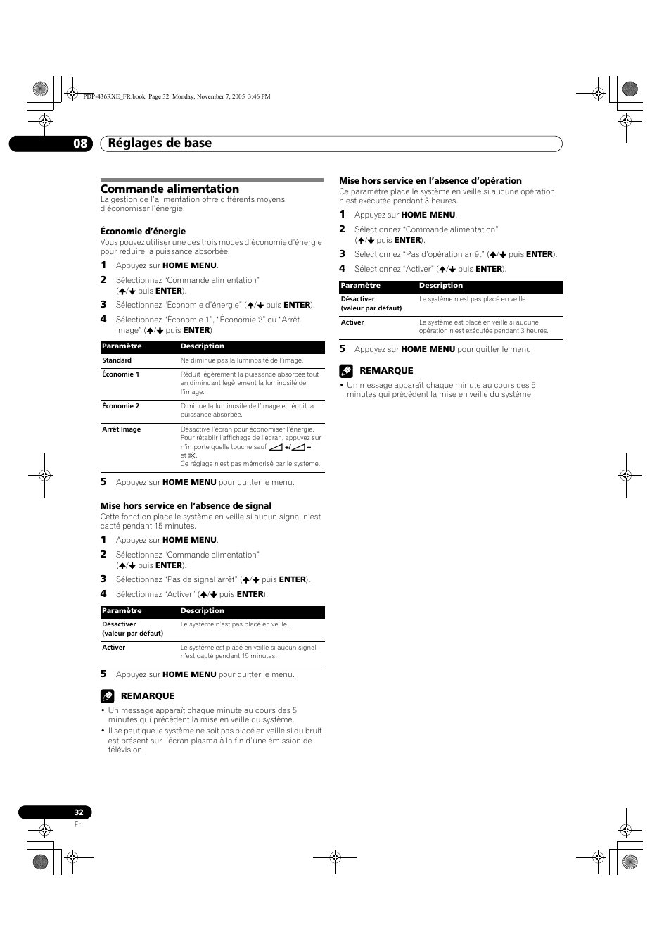 Commande alimentation, Réglages de base 08 | Pioneer PDP-436SXE User Manual | Page 90 / 176