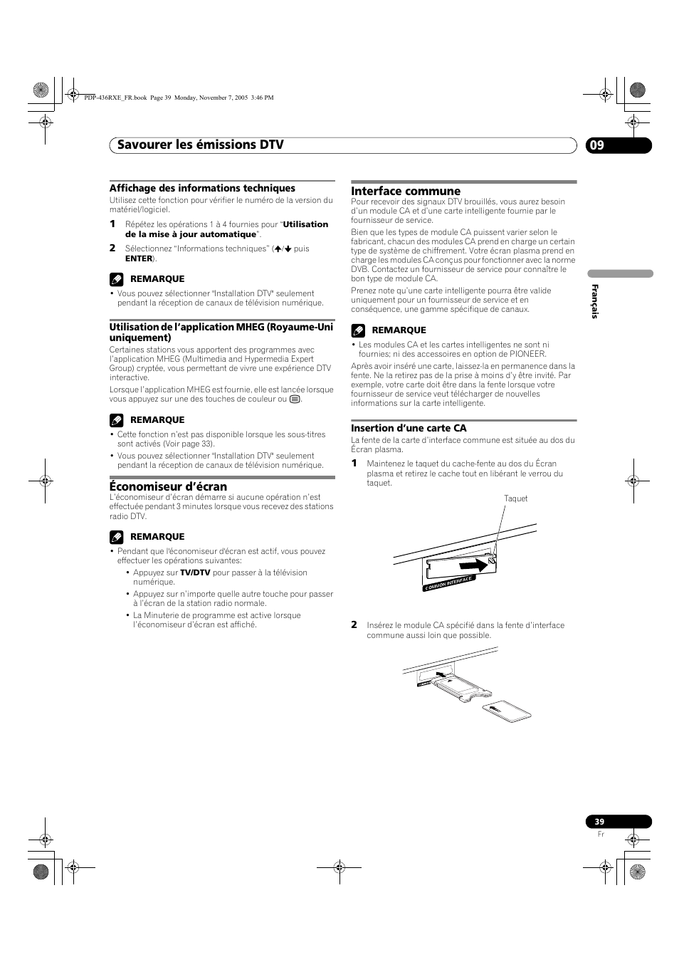 Affichage des informations techniques, Économiseur d’écran interface commune, Insertion d’une carte ca | Savourer les émissions dtv 09, Économiseur d’écran, Interface commune | Pioneer PDP-436SXE User Manual | Page 97 / 176
