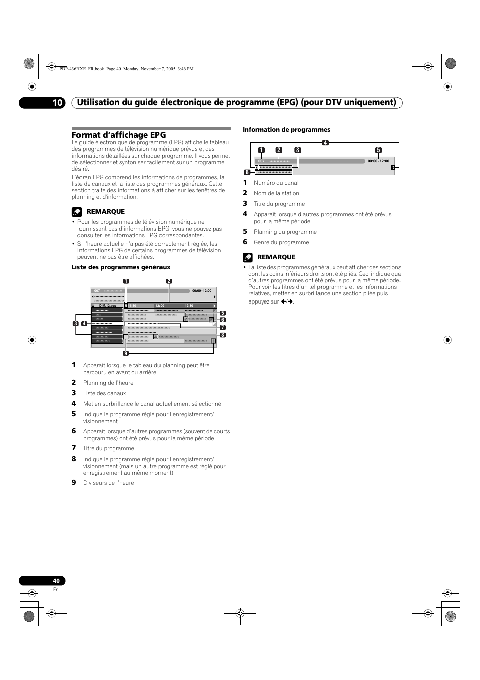 10 utilisation du guide électronique de, Programme (epg) (pour dtv uniquement), Format d’affichage epg | Pioneer PDP-436SXE User Manual | Page 98 / 176