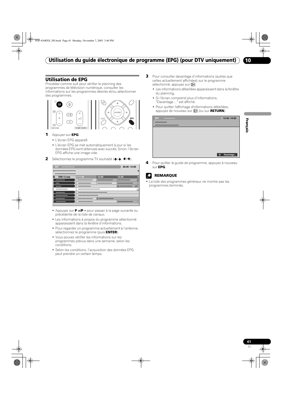 Utilisation de epg | Pioneer PDP-436SXE User Manual | Page 99 / 176