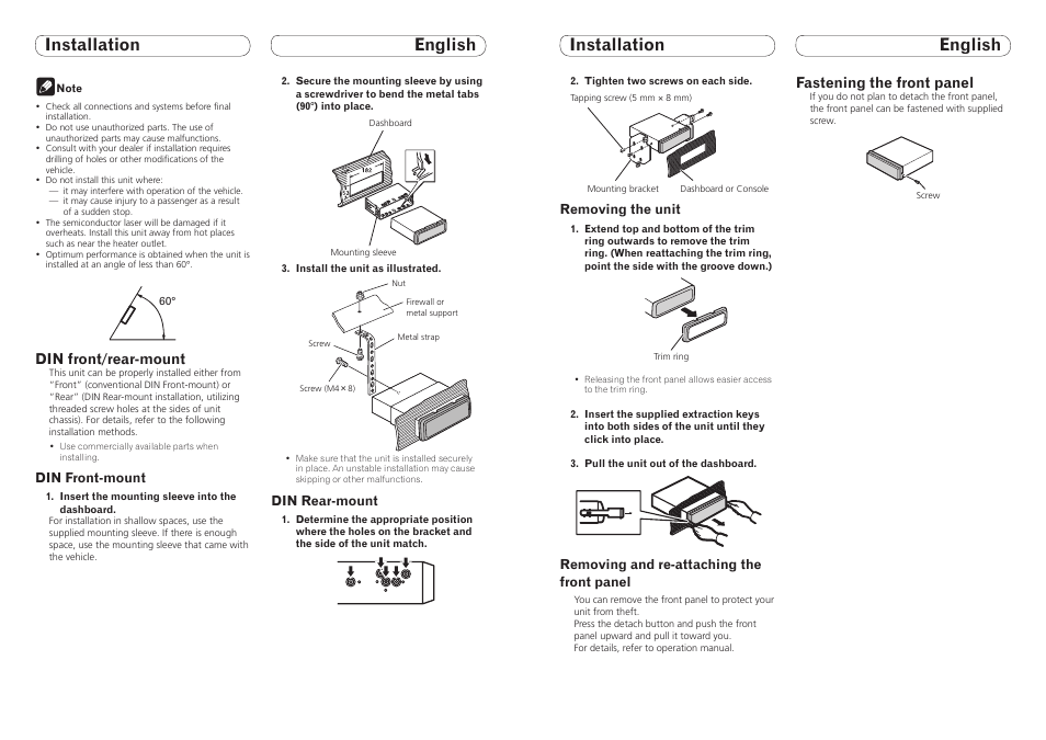 Installation english installation english, Fastening the front panel, Din front/rear-mount | Pioneer DEH-8300SD User Manual | Page 2 / 16